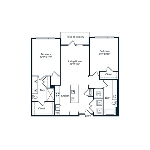 Floor plan for 2 beds, 2 baths, 1066 sqft